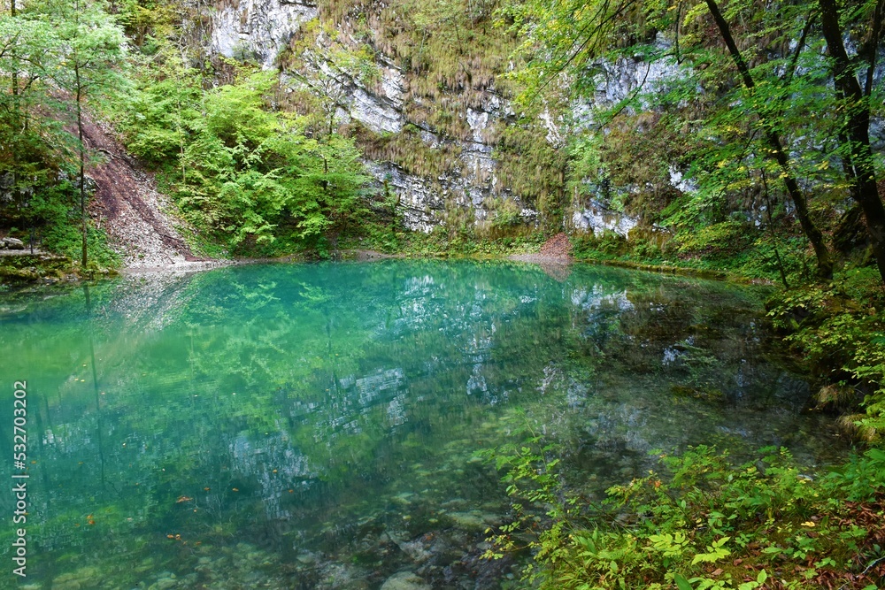 Beautiful view of Divje jezero or Wild lake near Idrija in Primorska, Slovenia