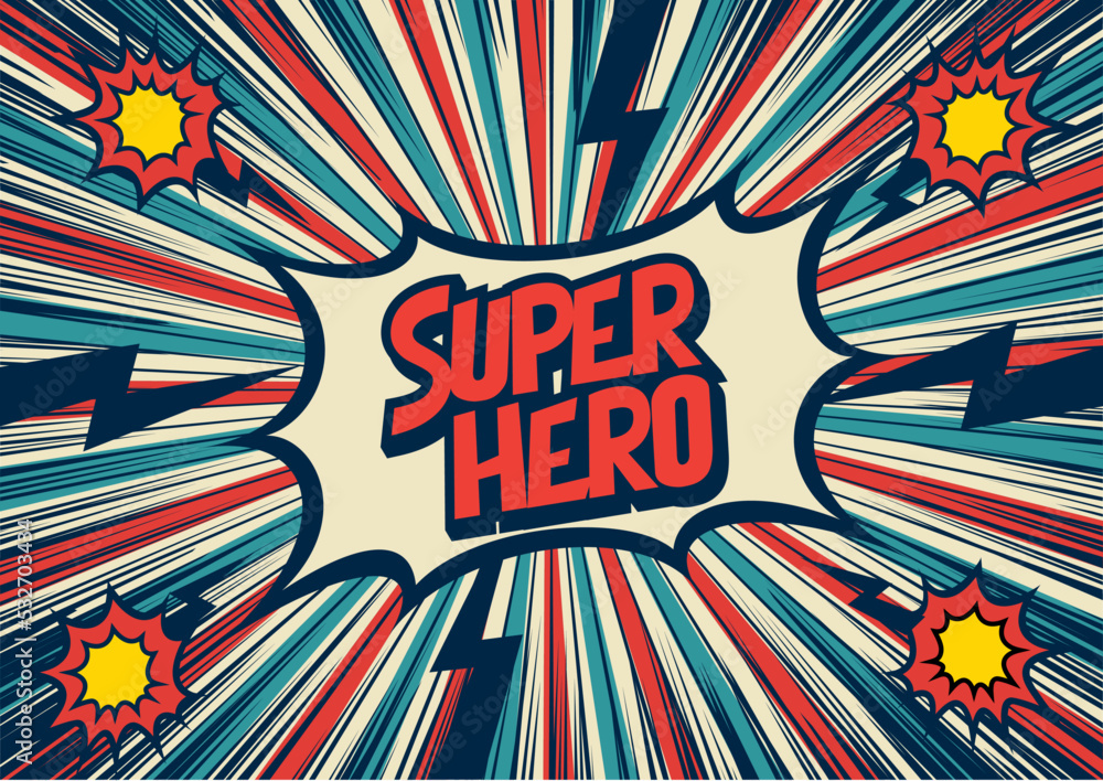 Super Hero, Speech bubble box. Comics book colored template background.