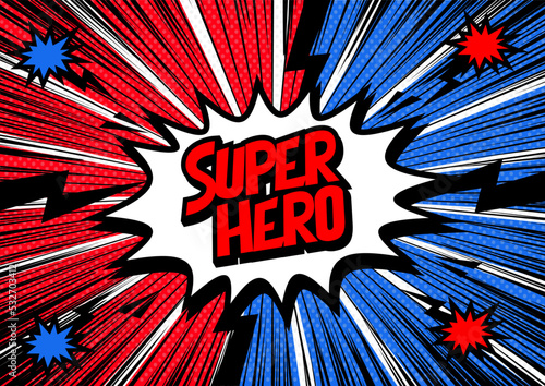 Super Hero, Speech bubble box. Comics book colored template background.