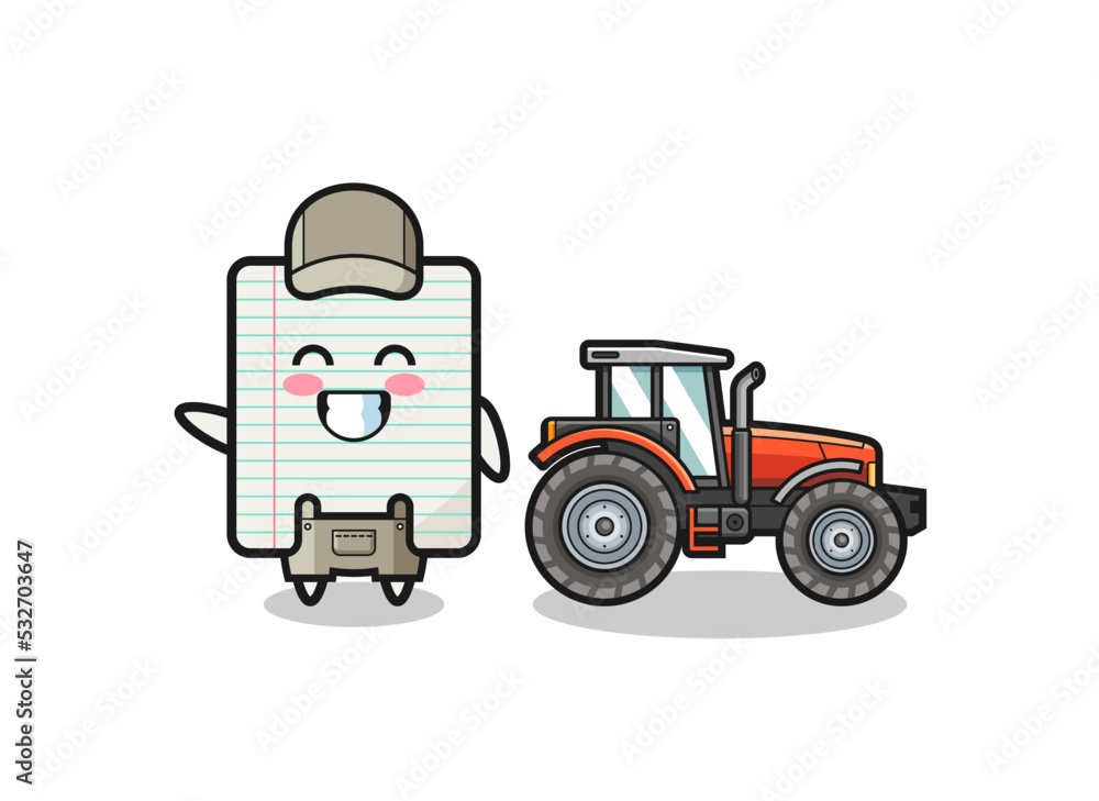 the paper farmer mascot standing beside a tractor