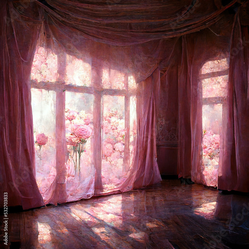 from window with pink transparend curtains photo