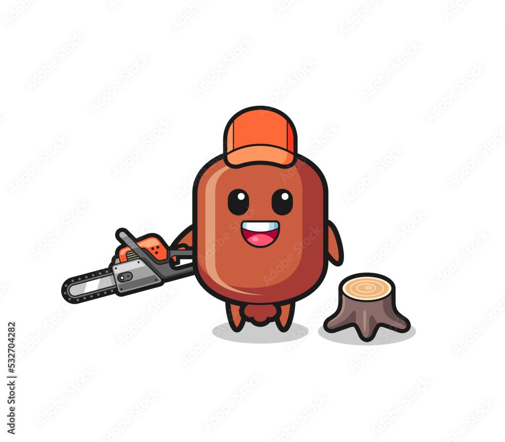 sausage lumberjack character holding a chainsaw