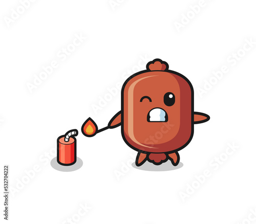 sausage mascot illustration playing firecracker