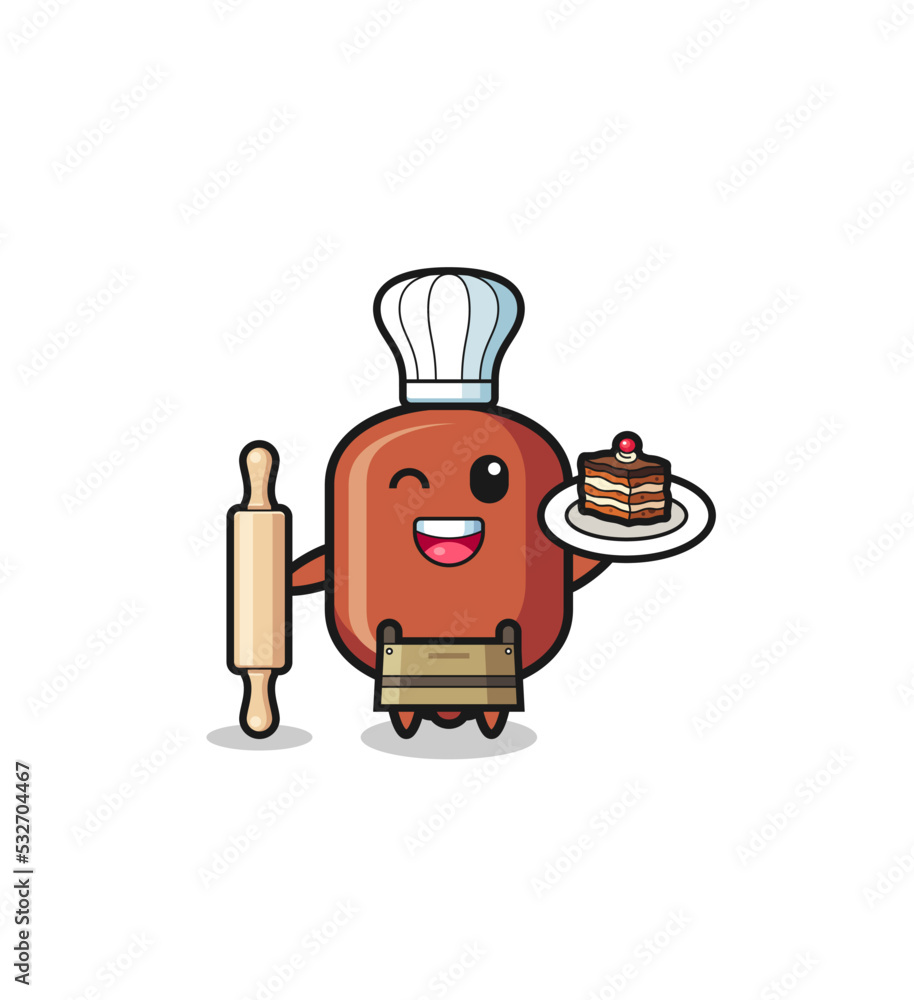 sausage as pastry chef mascot hold rolling pin