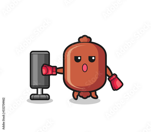 sausage boxer cartoon doing training with punching bag