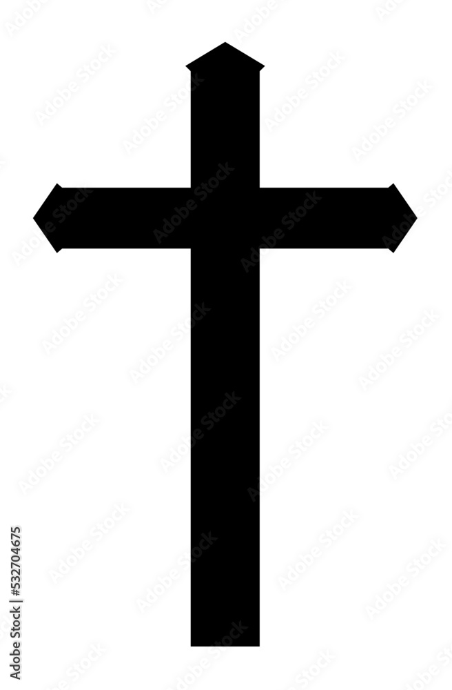 Catholic cross icon silhouette. Crucifix vector illustration isolated on white background. Religion symbol.