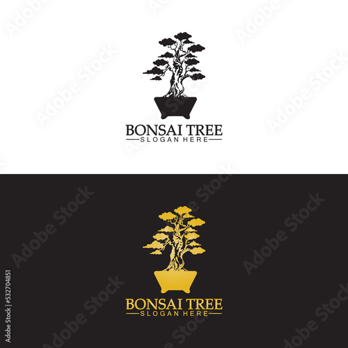 Bonsai logo design silhouette icon vector
