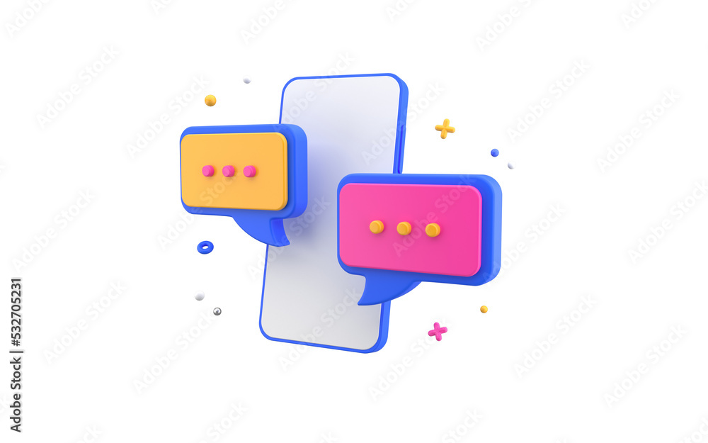 Chat bubble icons with smartphone. Social media oline communication concept. Modern design, 3d rendering isolated on white background. Chat bubble icons with smartphone. Social media oline communication concept. Modern design, 3d rendering isolated on white background.