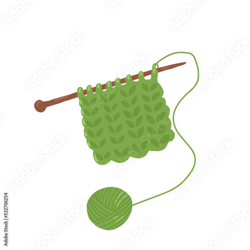 Green ball of yarn with knitting needles. Balls, skeins of wool. Tools for knitting, needlework, crochet, hand knitting. Women's hobby. Knitting illustration isolated on white background.
