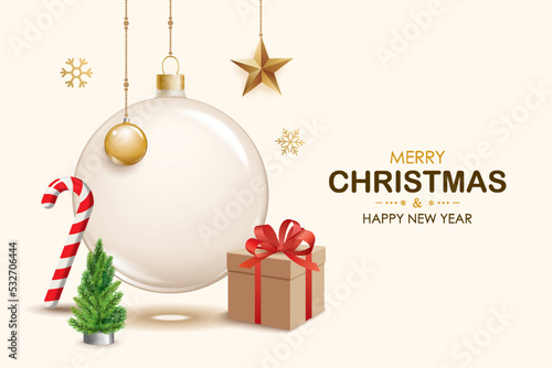 Merry christmas glass ball and decoration object for flyer brochure design on white background invitation theme concept. Happy holiday greeting banner and card template.