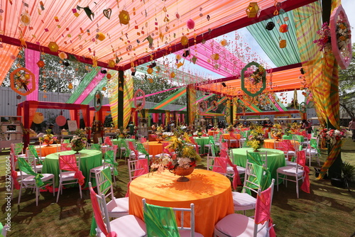 Bangalore, India 14th September 2022: Grand and Luxurious Indian Wedding Decoration. Wedding Events Decor. Rajasthani themed  Wedding Decorations and Arrangement setup