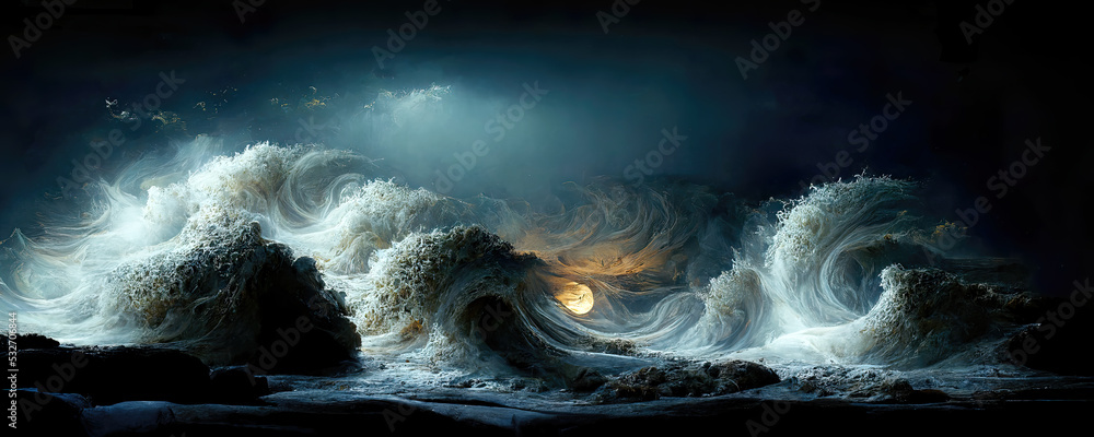 Seascape night fantasy of beautiful waves with full moon - obrazy, fototapety, plakaty 