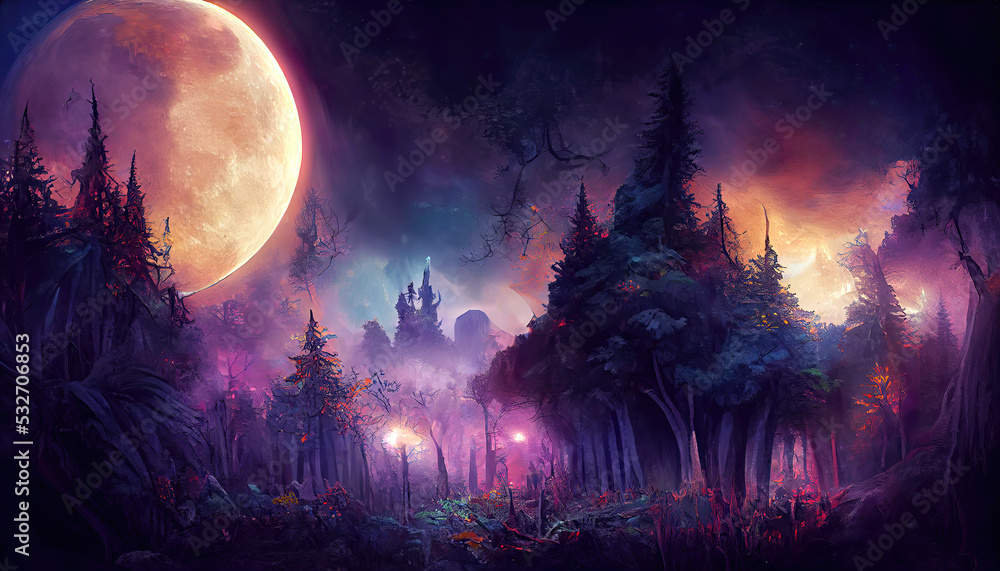Fototapeta premium Bright full moon over dark fairy tale forest