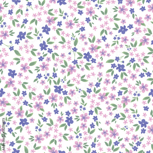 Vintage pattern. small pink and lilac flowers, green leaves. White background. Seamless vector template for design and fashion prints.