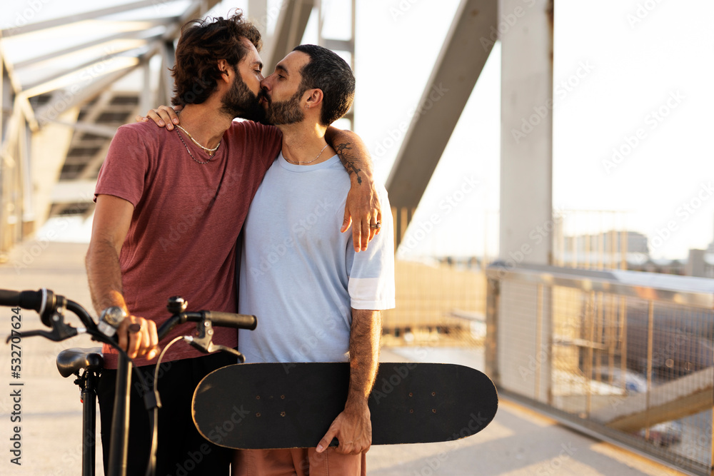 Fototapeta premium Happy couple enjoy outside. Gay couple enjoy in sunny day.