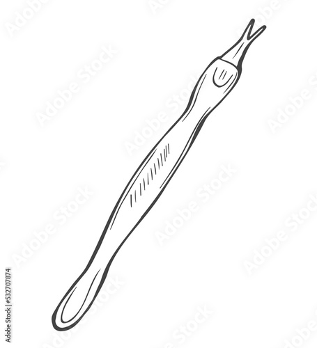 Basic nail tools, double ended cuticle pusher, hand drawn doodle. Manicure tools. Hand-drawn doodles. Hand and nail care. Vector illustration isolated on white background.