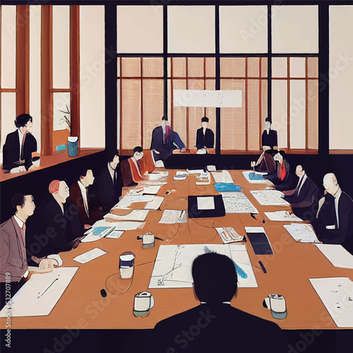 Digital illustration abstract meeting illustration, simple urban style, New York, Tokyo and other big cities. Modern business environment, can be used for business banners, magazines, posters.