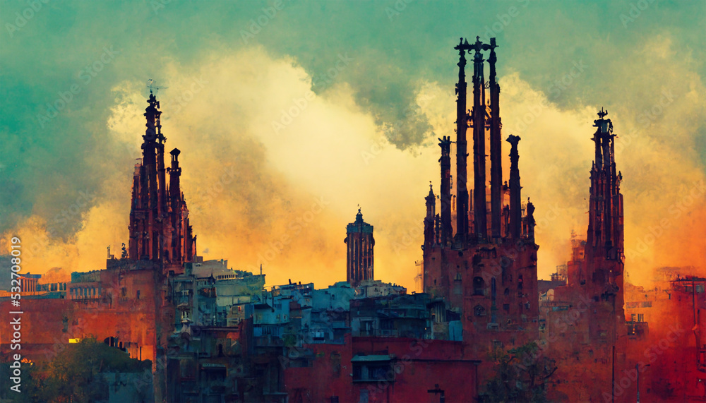 Barcelona cityscape buildings house sky painting