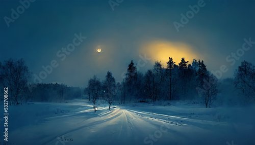 Winter night in swedem snow field pine trees with dreamy sky