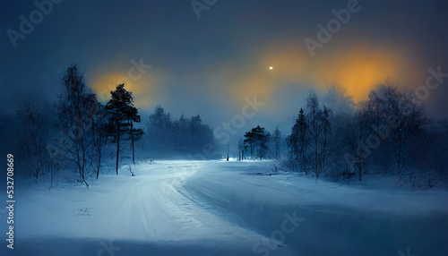 Winter night in swedem snow field pine trees with dreamy sky photo