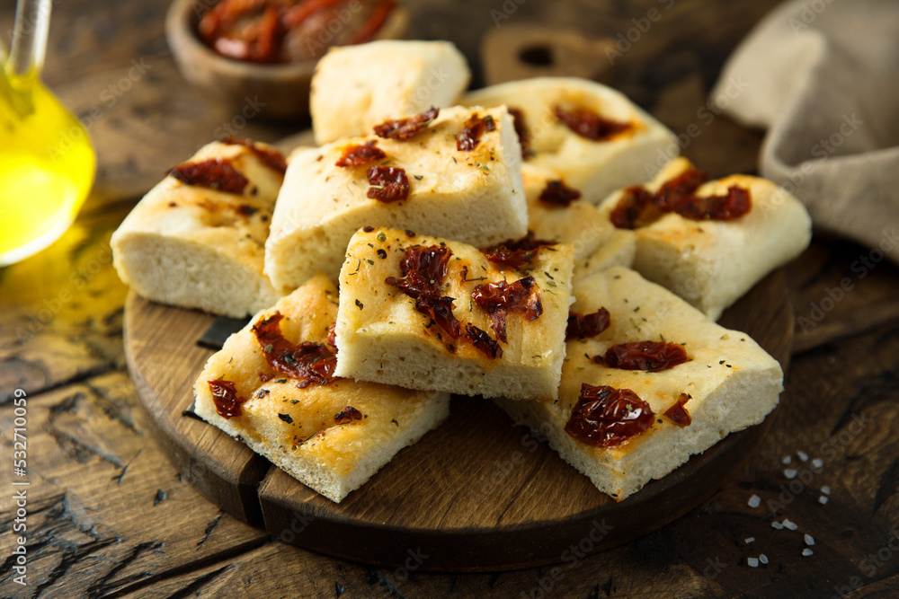 Homemade focaccia bread with sun dried tomatoes Homemade focaccia bread with sun dried tomatoes