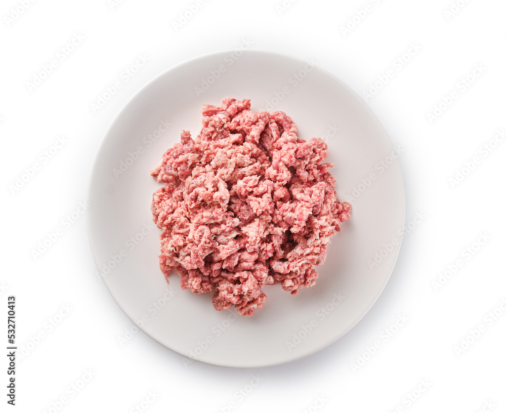 Raw minced meat on the white plate. Fresh pork minced meat on white background. Raw minced pork Raw minced meat on the white plate. Fresh pork minced meat on white background. Raw minced pork