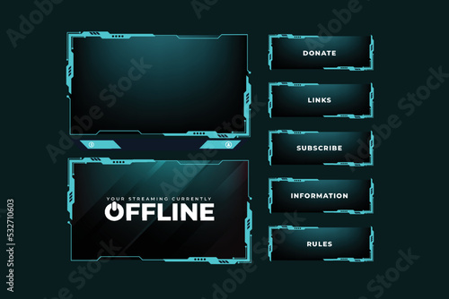 Online gaming overlay and screen interface decoration. Live broadcasting screen panel design vector with abstract shapes. Online streaming overlay design for gamers with shiny blue color.