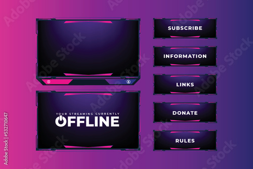 Online gaming screen panel and border design for gamers with colorful buttons. Live streaming overlay decoration with girly pink and blue color shade. Live broadcast elements vector.