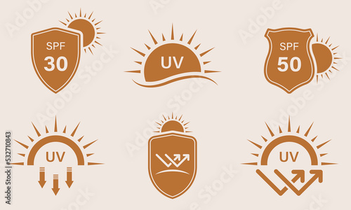 Ultraviolet Protect Silhouette Icon Set. SPF 50 30 Resistant Sunblock Glyph Pictogram. Shield Protection UV Radiation Rays Skin Care Icon. Solar Protection Arrows Sign. Isolated Vector Illustration
