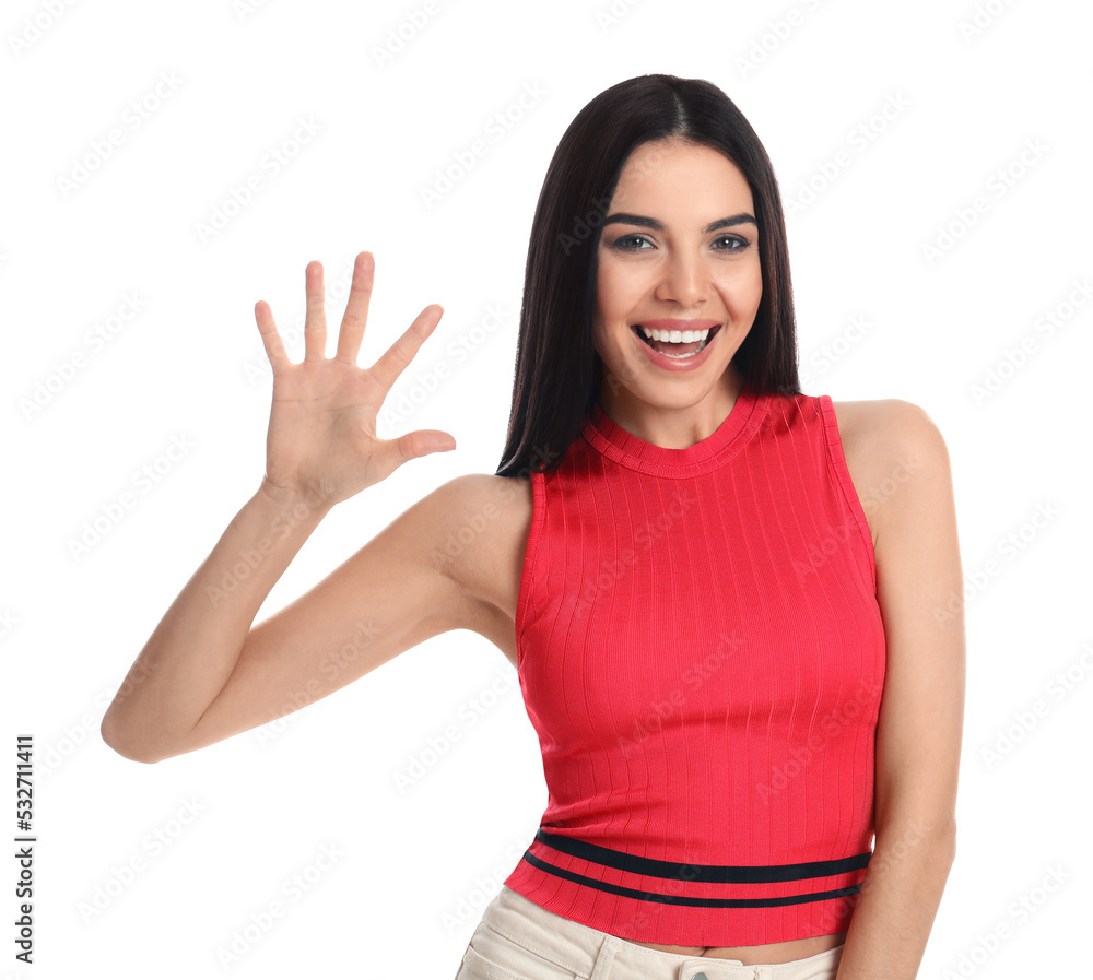 Woman showing number five with her hand on white background Woman showing number five with her hand on white background