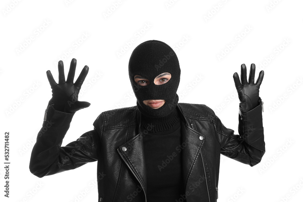 Woman wearing knitted balaclava on white background Woman wearing knitted balaclava on white background