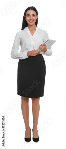 Fotografie Full length portrait of hostess in uniform with tablet on white background