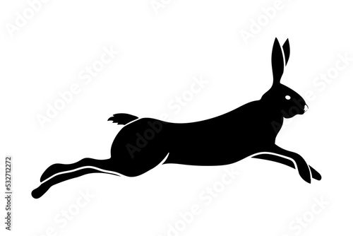 A hand-drawn icon of a running bunny. Silhouette of a rabbit. Easter. Spring. The animal runs away. Scared. Fear. Vector simple illustration.