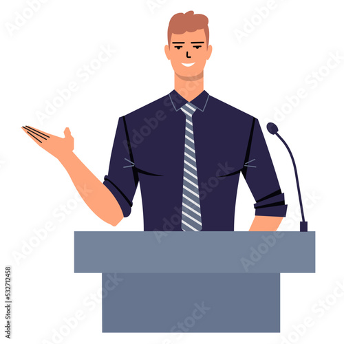 A young man in a tie stands behind a podium during a performance. Smiling leader, politician, teacher speaking in public, gesturing with hand. Presentation of a businessman. Flat vector isolated.