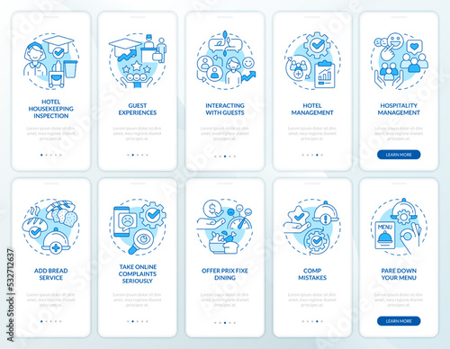 Hotel and restaurant management blue onboarding mobile app screen set. Walkthrough 5 steps editable graphic instructions with linear concepts. UI, UX, GUI template. Myriad Pro-Bold, Regular fonts used