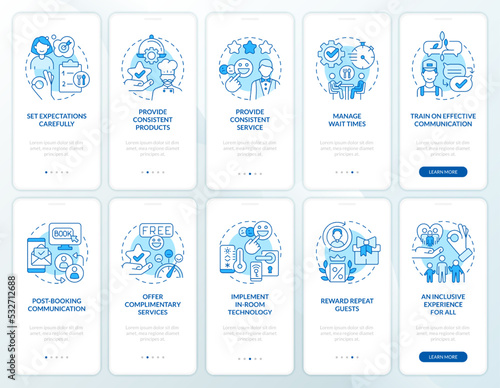 Good service in restaurant industry blue onboarding mobile app screen set. Walkthrough 5 steps editable graphic instructions with linear concepts. UI, UX template. Myriad Pro-Bold, Regular fonts used