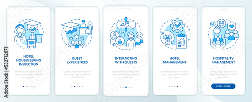 Hospitality training courses blue onboarding mobile app screen. Walkthrough 5 steps editable graphic instructions with linear concepts. UI, UX, GUI template. Myriad Pro-Bold, Regular fonts used