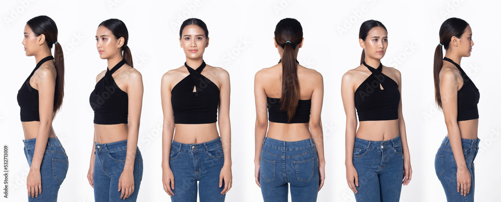 Obraz premium Half body 20s Asian Woman wear formal casual dress short jean pant. Black long straight hair female feel happy smile fashion vintage poses over white background isolated