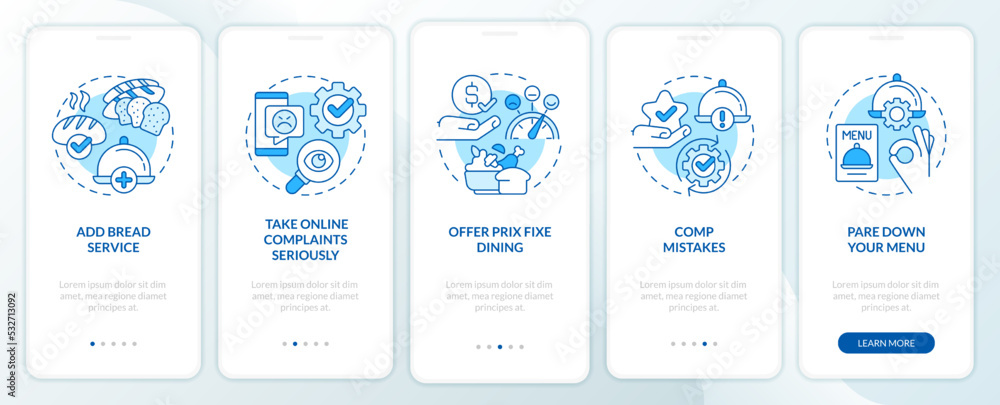 Food industry customer satisfaction blue onboarding mobile app screen. Walkthrough 5 steps editable graphic instructions with linear concepts. UI, UX, GUI template. Myriad Pro-Bold, Regular fonts used