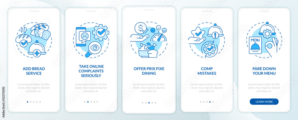 Food industry customer satisfaction blue onboarding mobile app screen. Walkthrough 5 steps editable graphic instructions with linear concepts. UI, UX, GUI template. Myriad Pro-Bold, Regular fonts used Food industry customer satisfaction blue onboarding mobile app screen. Walkthrough 5 steps editable graphic instructions with linear concepts. UI, UX, GUI template. Myriad Pro-Bold, Regular fonts used