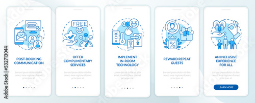 Increase guest satisfaction in hotels blue onboarding mobile app screen. Walkthrough 5 steps editable graphic instructions with linear concepts. UI, UX template. Myriad Pro-Bold, Regular fonts used