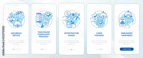 Food industry customer satisfaction blue onboarding mobile app screen. Walkthrough 5 steps editable graphic instructions with linear concepts. UI, UX, GUI template. Myriad Pro-Bold, Regular fonts used