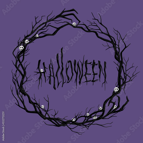 Stylized inscription Halloween made of bare tree branches. Around the inscription are branches that form a circle frame. Vector illustration for banner, poster, invitation, vignette.