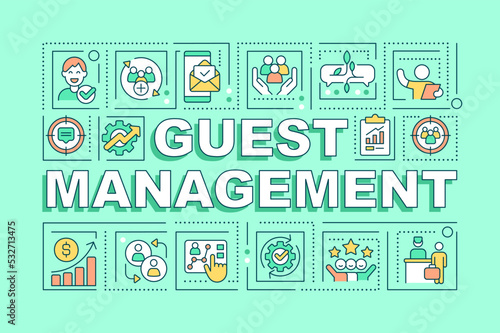 Guest management word concepts green banner. Communicate hotel visitors. Infographics with editable icons on color background. Isolated typography. Vector illustration with text. Arial-Black font used