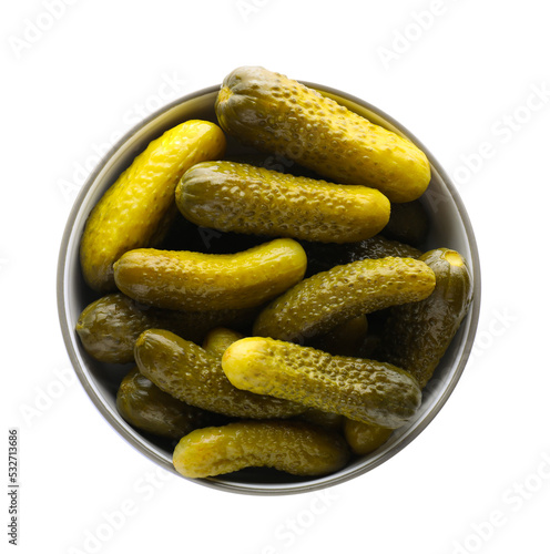 Bowl of tasty pickled cucumbers isolated on white, top view