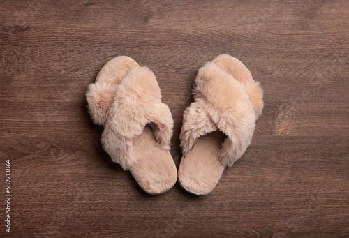 Pair of soft slippers on wooden floor, top view