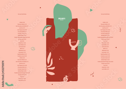 Drinks menu design. Vector layout for a restaurant, a bar near the ocean or a pool. Design elements drawn by hand. Dynamic and fluid shapes, lines. Booklet, list, menu, flyer, poster, banner