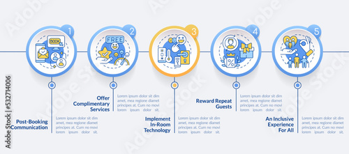 Increase guest satisfaction in hotels circle infographic template. Data visualization with 5 steps. Editable timeline info chart. Workflow layout with line icons. Lato-Bold, Regular fonts used
