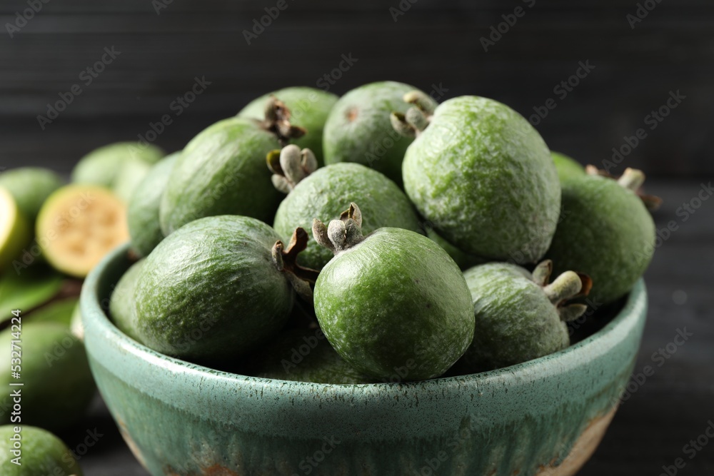 Fresh green feijoa fruits on table, closeup Fresh green feijoa fruits on table, closeup