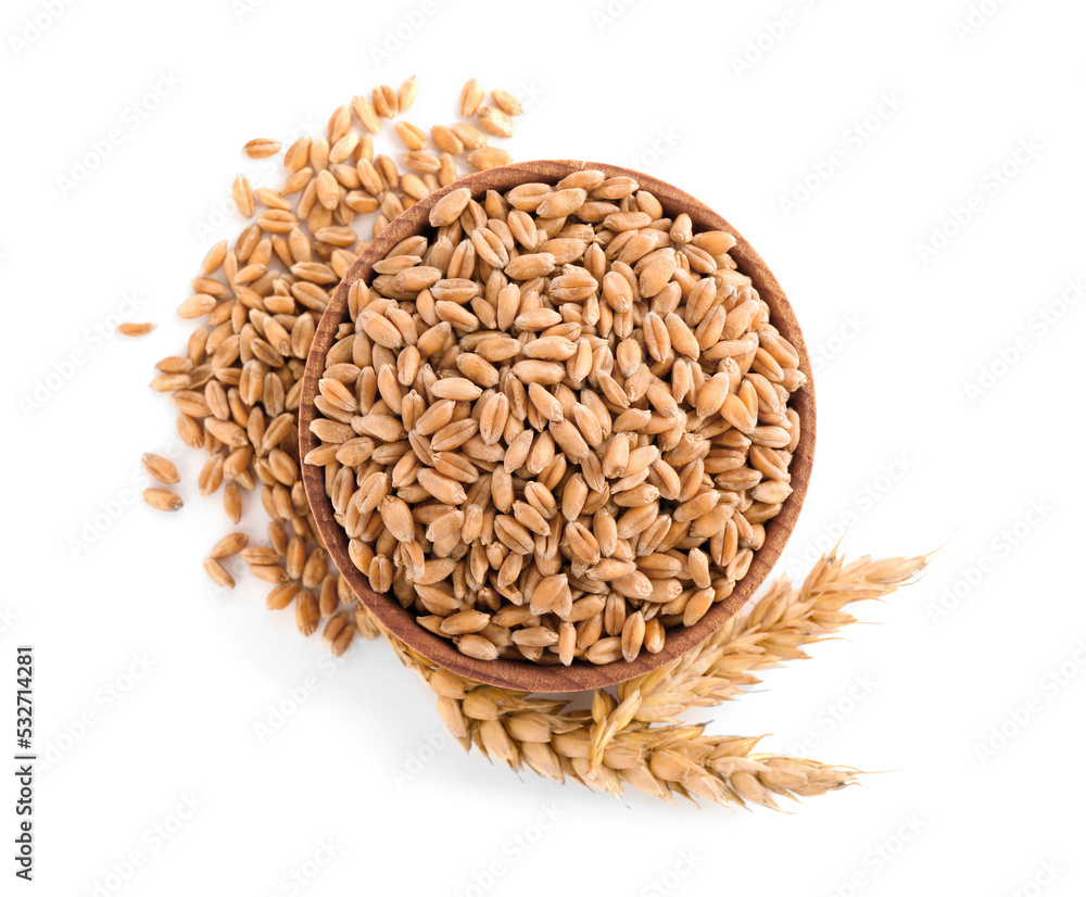 Wooden bowl with wheat grains and spikes on white background, top view Wooden bowl with wheat grains and spikes on white background, top view